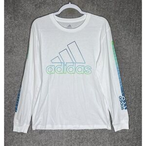Adidas Long Sleeve Tee Shirt Boys Size XL 18-20 White Blue Green Cotton Pullover